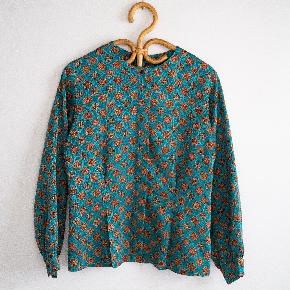 Vintage Notations Petite turquoise and gold Pattern Blouse